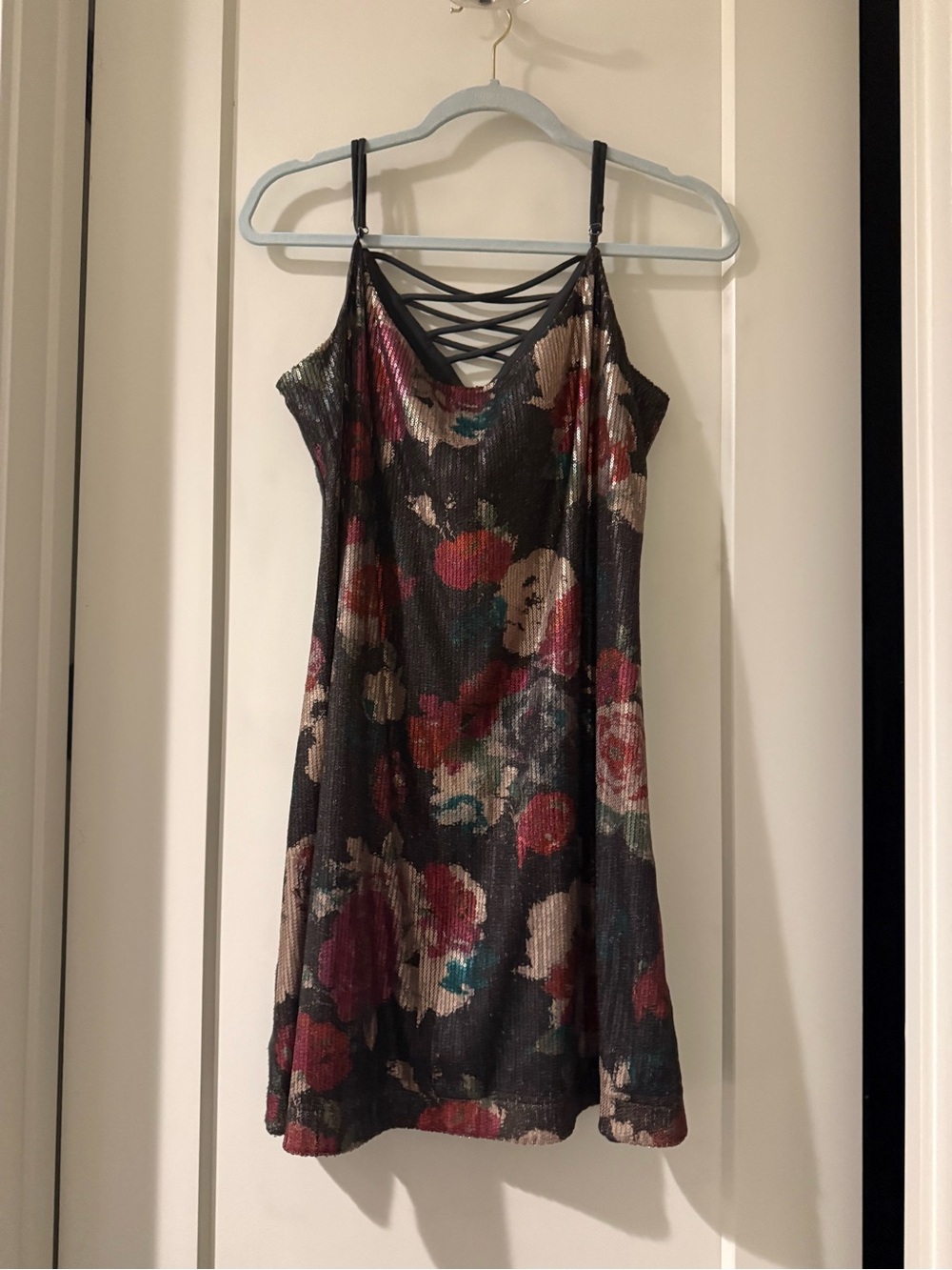 Floral Metallic Slip Dress with Crisscross Neckline